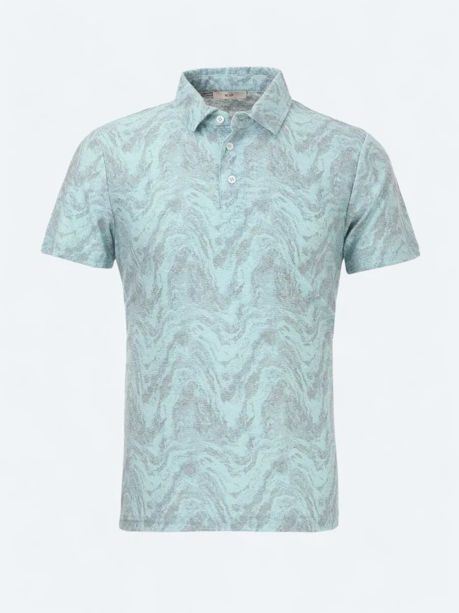 Turquoise Printed Polo Neck Cotton Blended T-Shirt - 6