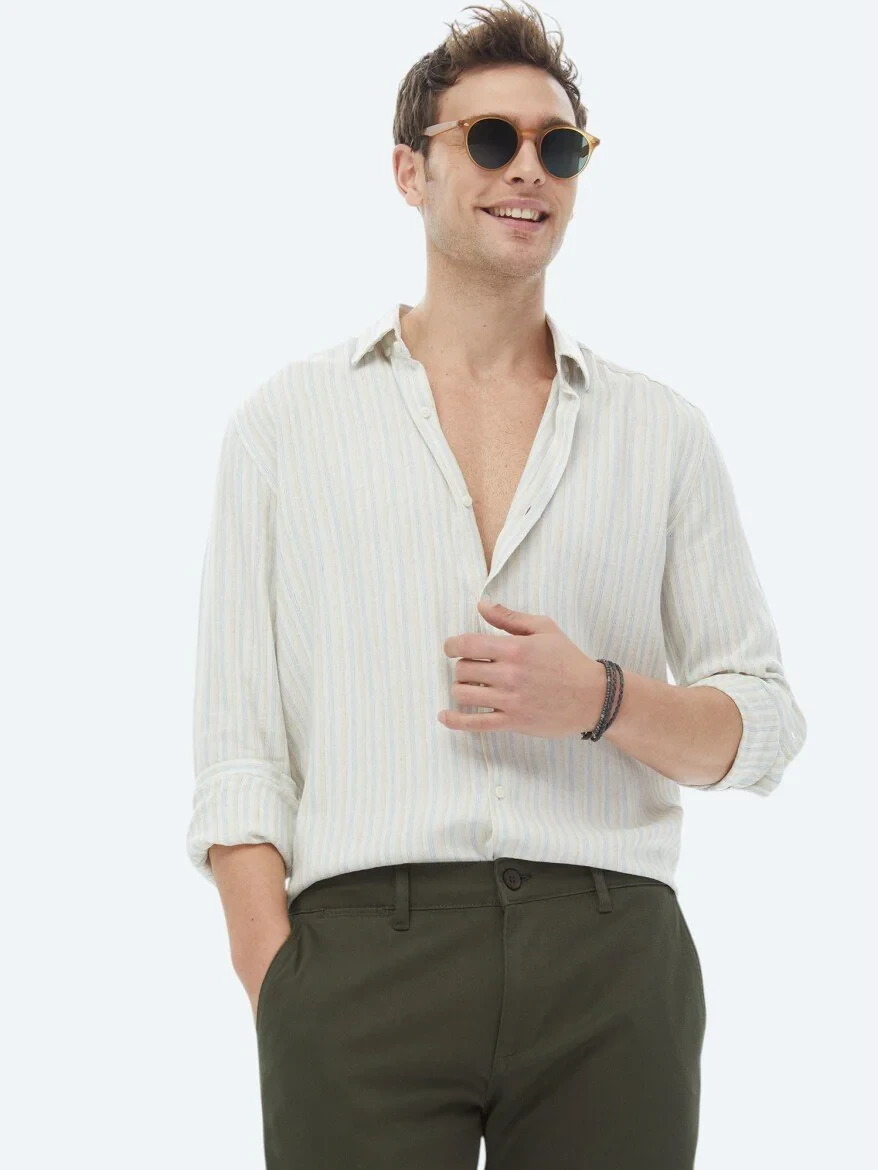 Turquoise Striped Regular Fit Weaving Casual Cotton Blended Shirt - 1