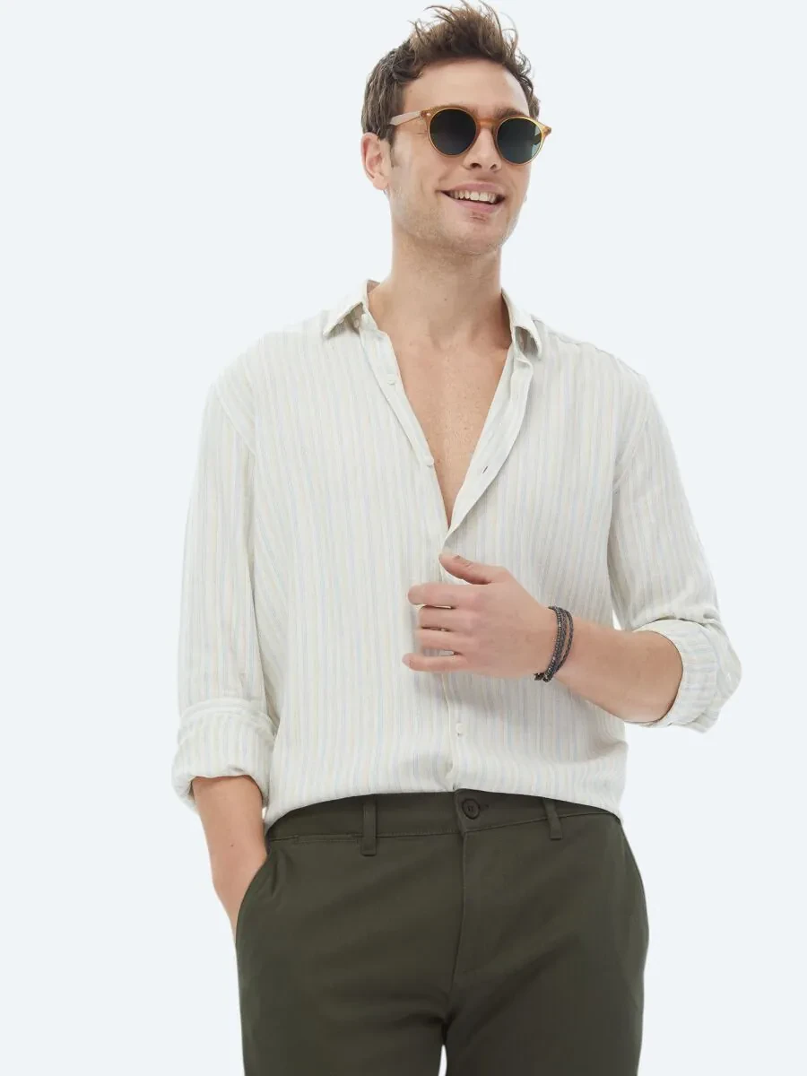 Turquoise Striped Regular Fit Weaving Casual Cotton Blended Shirt - 1