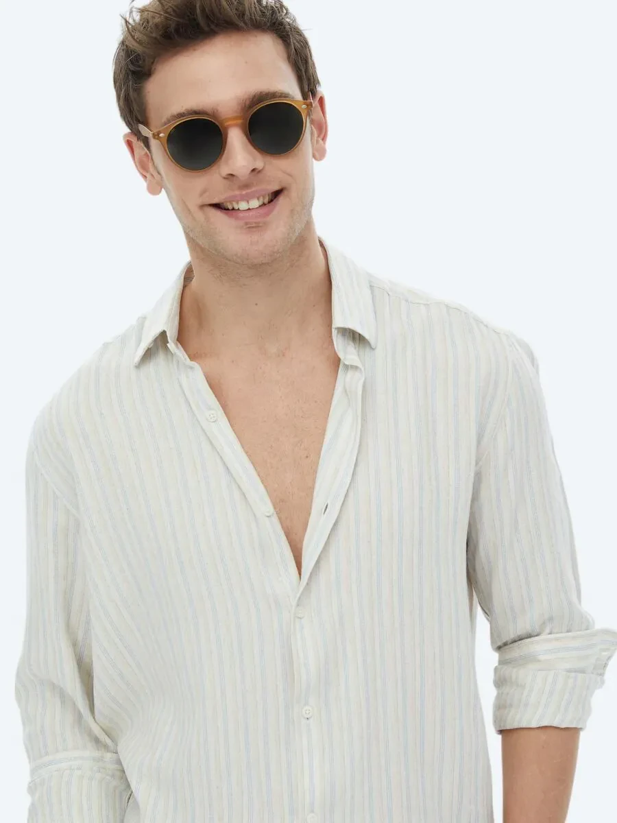 Turquoise Striped Regular Fit Weaving Casual Cotton Blended Shirt - 3