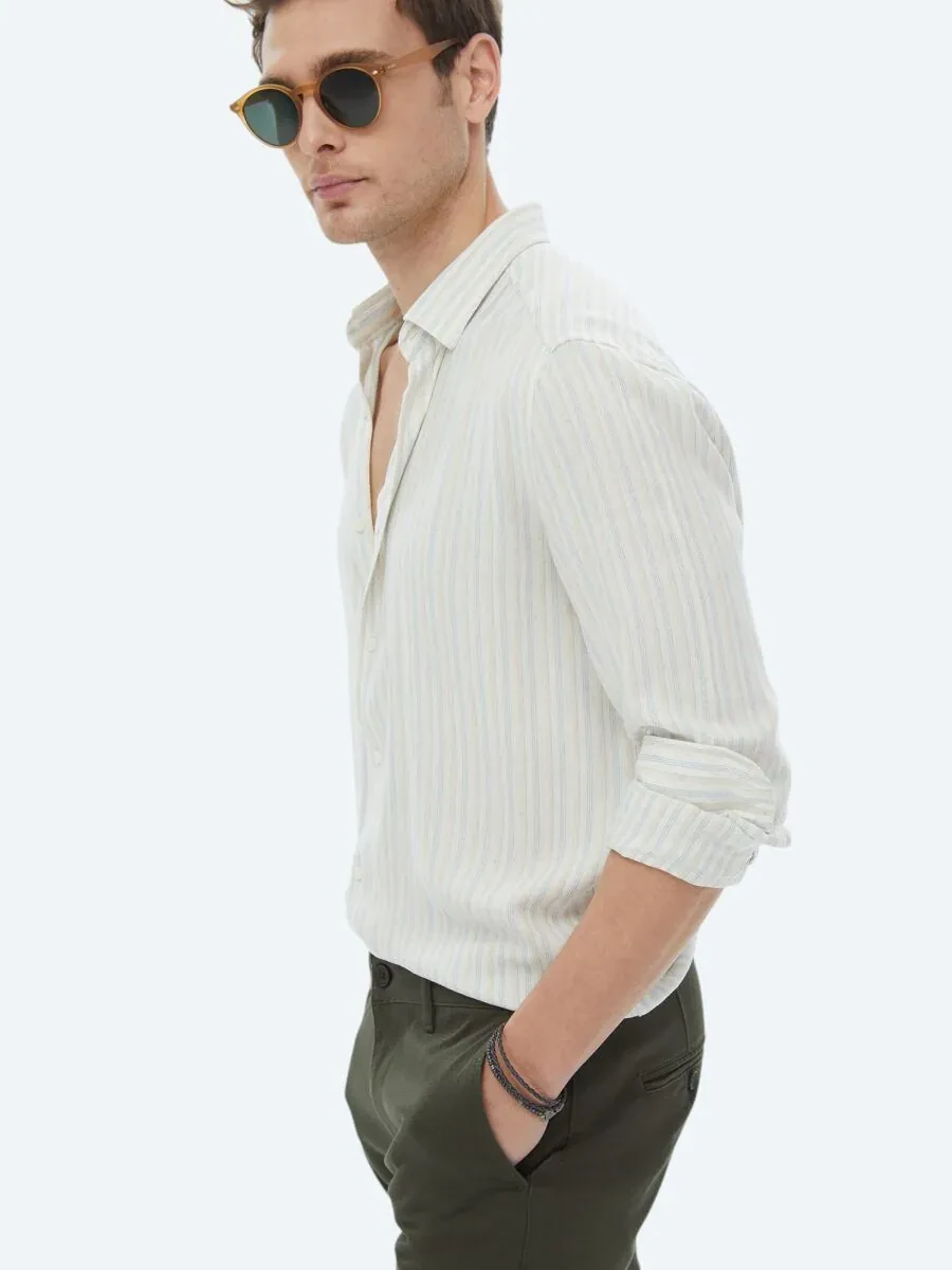 Turquoise Striped Regular Fit Weaving Casual Cotton Blended Shirt - 4