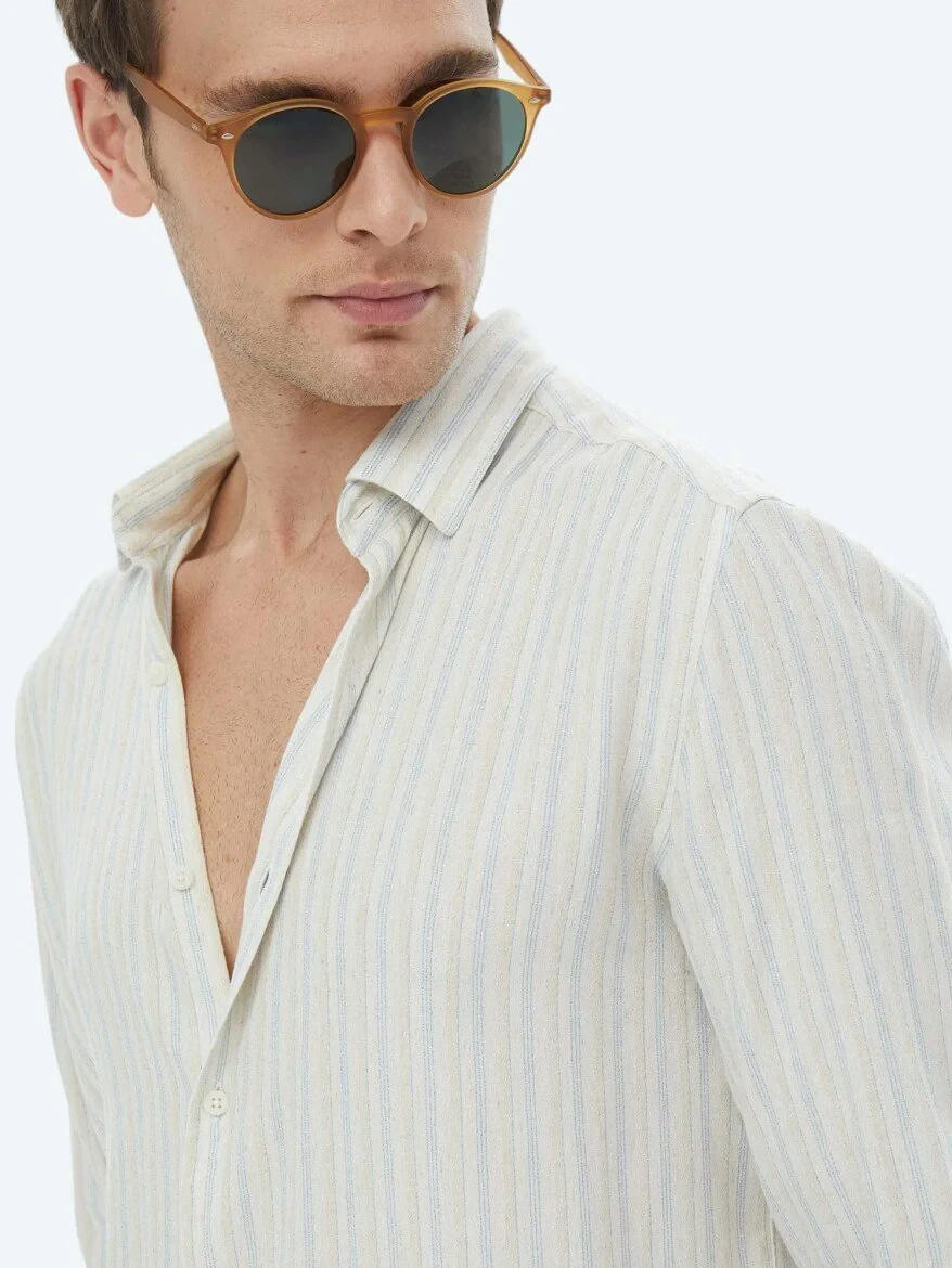 Turquoise Striped Regular Fit Weaving Casual Cotton Blended Shirt - 5