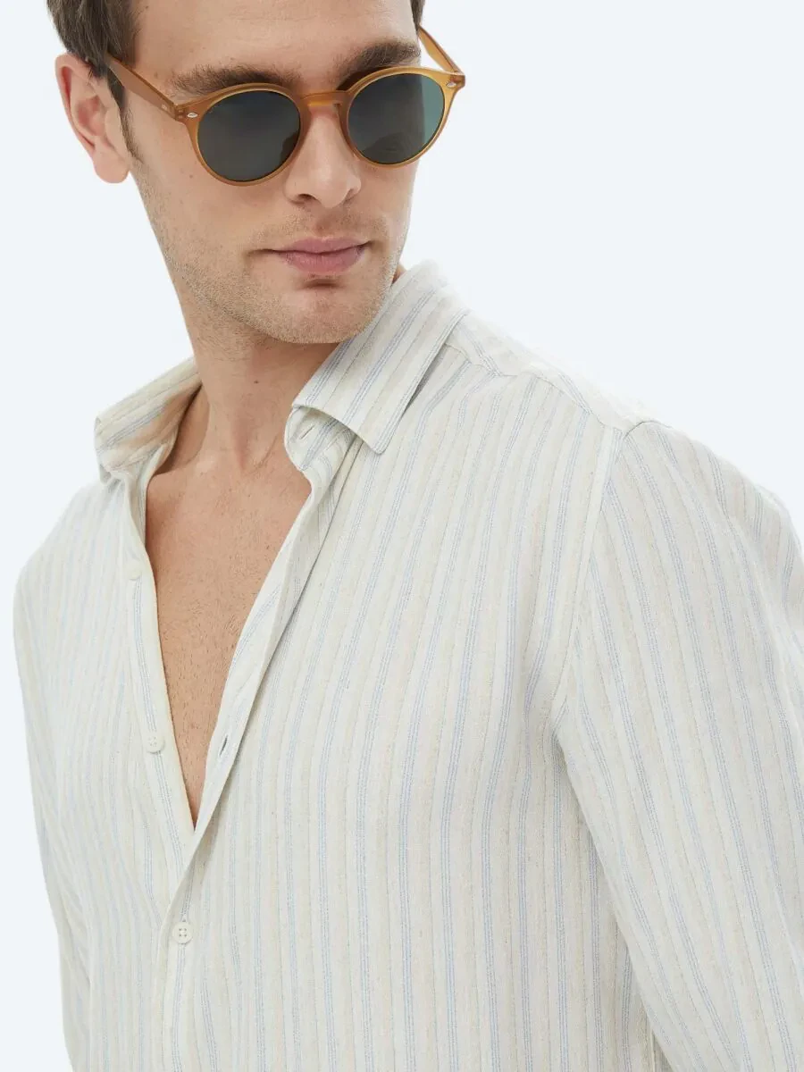 Turquoise Striped Regular Fit Weaving Casual Cotton Blended Shirt - 5
