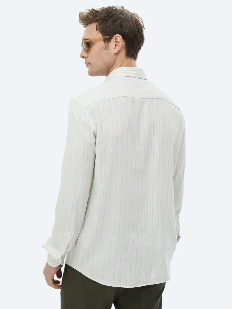 Turquoise Striped Regular Fit Weaving Casual Cotton Blended Shirt - 6