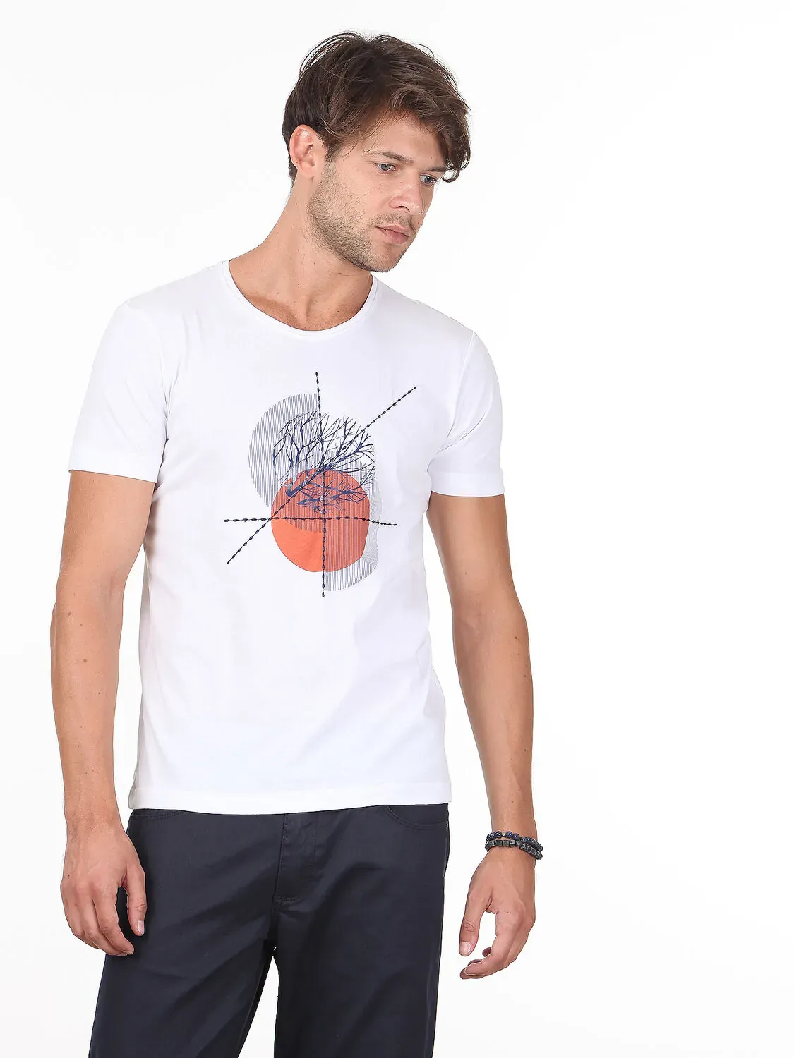 Turuncu Baskılı %100 Pamuk T-Shirt - 1