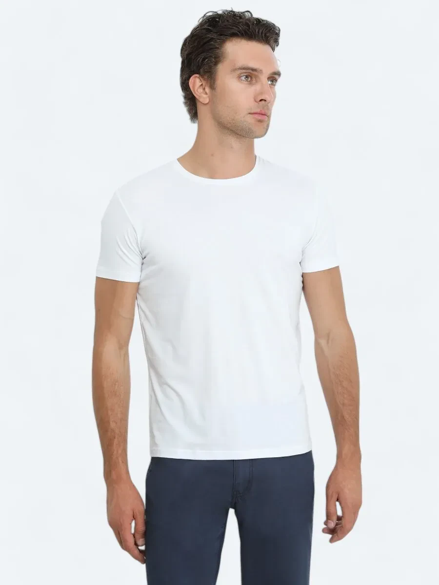 White Crew Neck Cotton Blended T-Shirt - 1