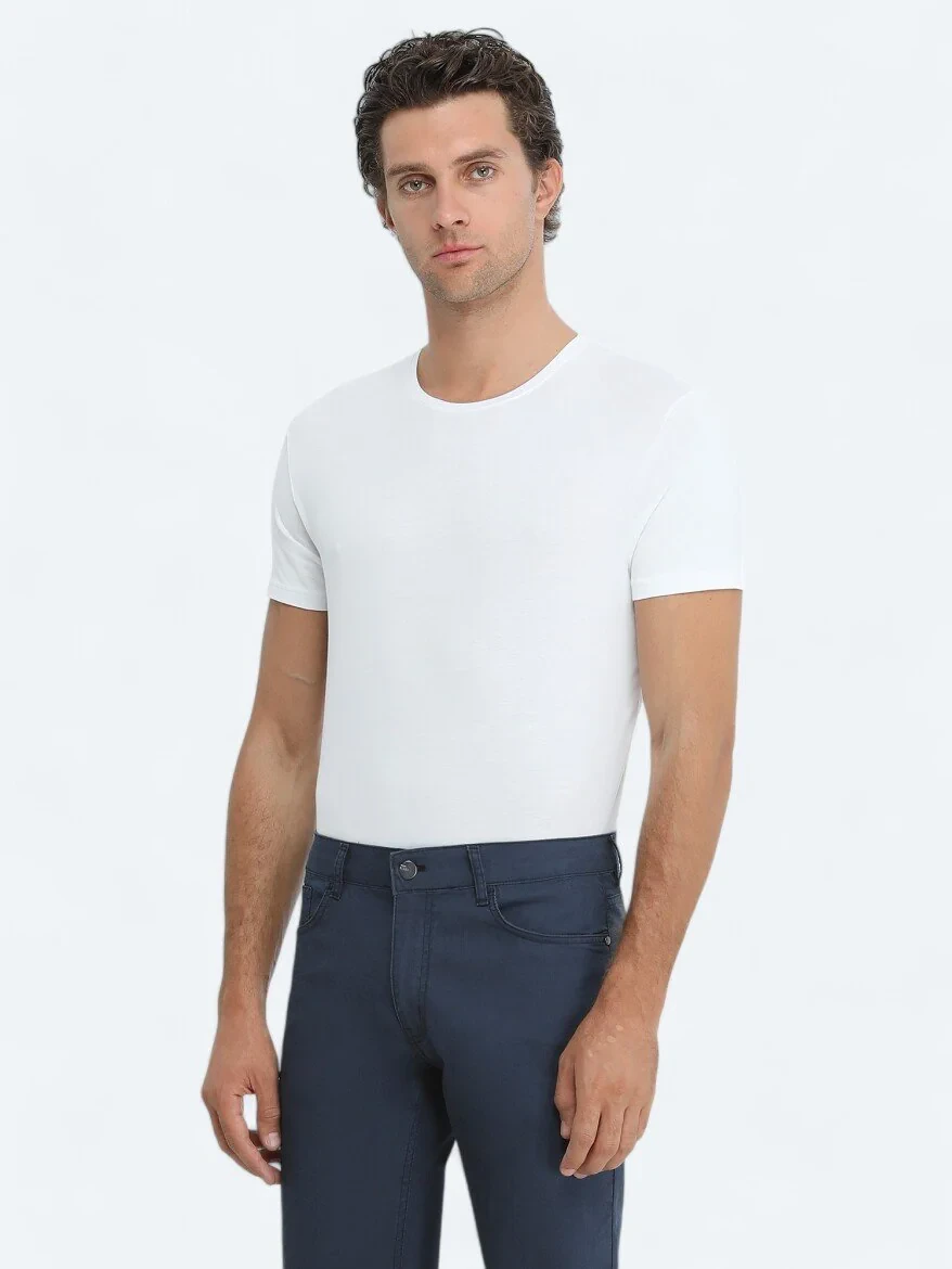 White Crew Neck Cotton Blended T-Shirt - 3