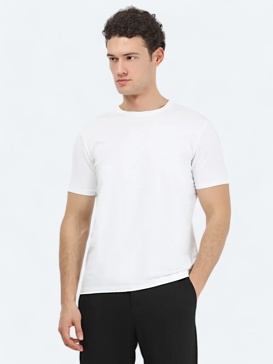 White Crew Neck Cotton Blended T-Shirt - 1