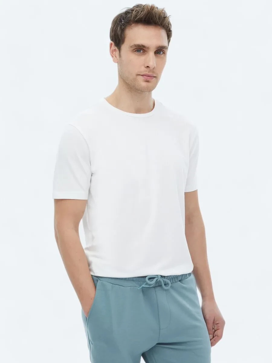 White Crew Neck Cotton Blended T-Shirt - 1