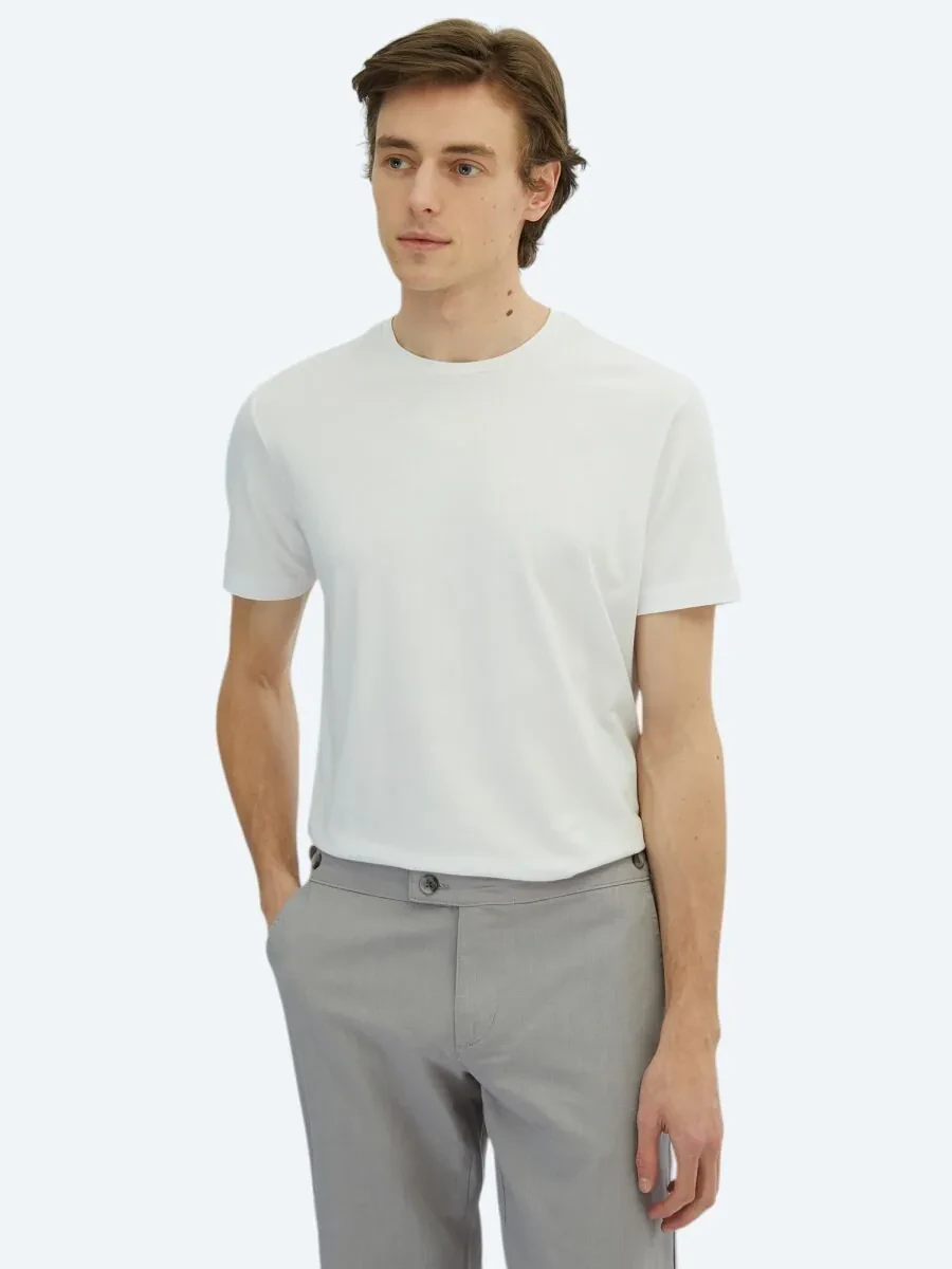 White Crew Neck Cotton Blended T-Shirt - 1