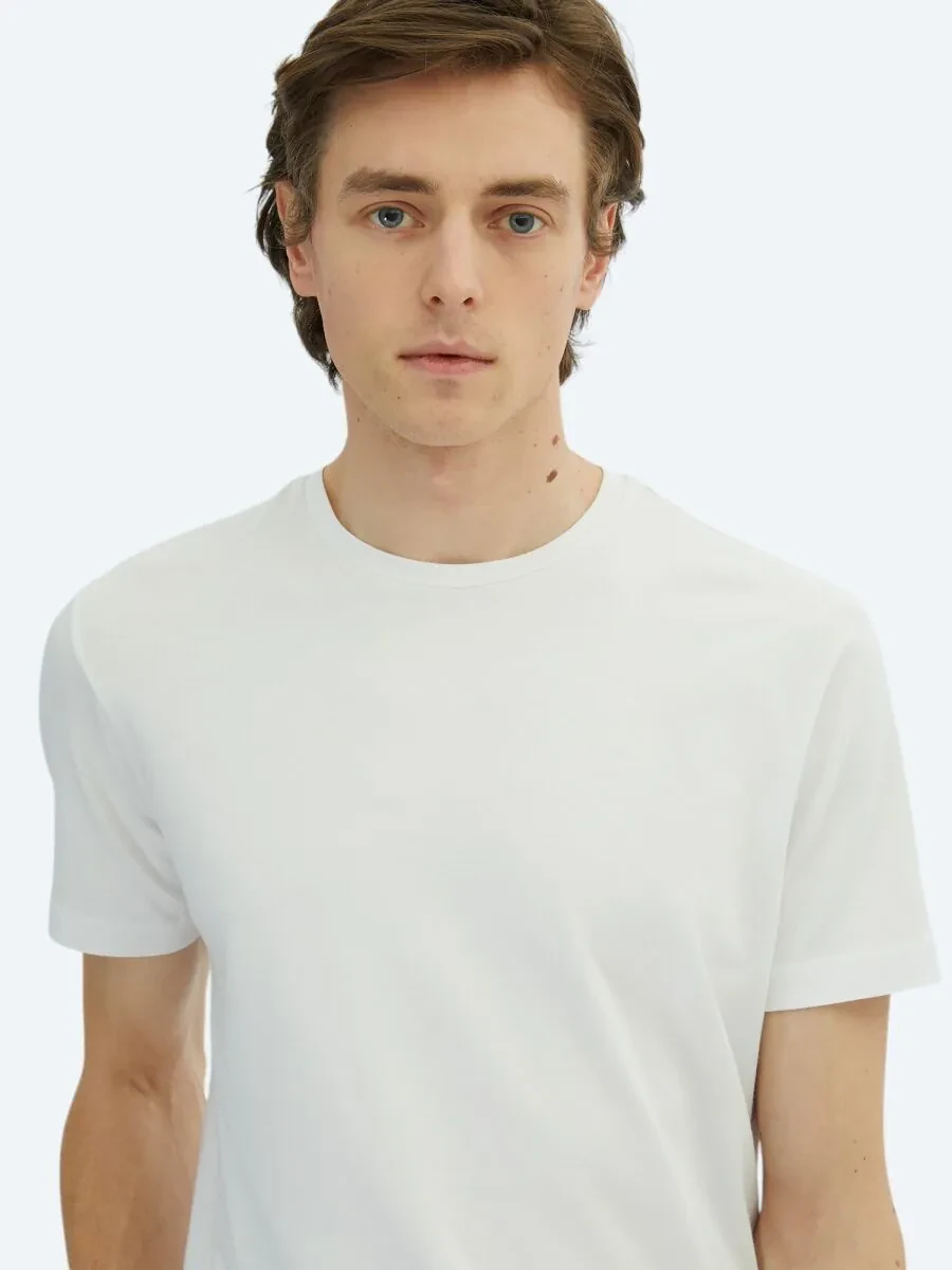 White Crew Neck Cotton Blended T-Shirt - 3