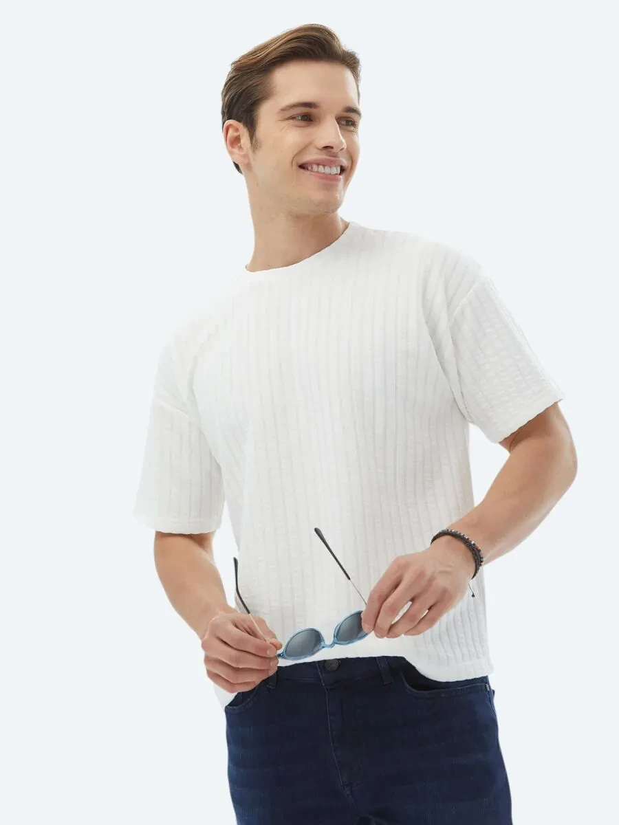 White Jacquard Crew Neck Cotton Blended T-Shirt - 1