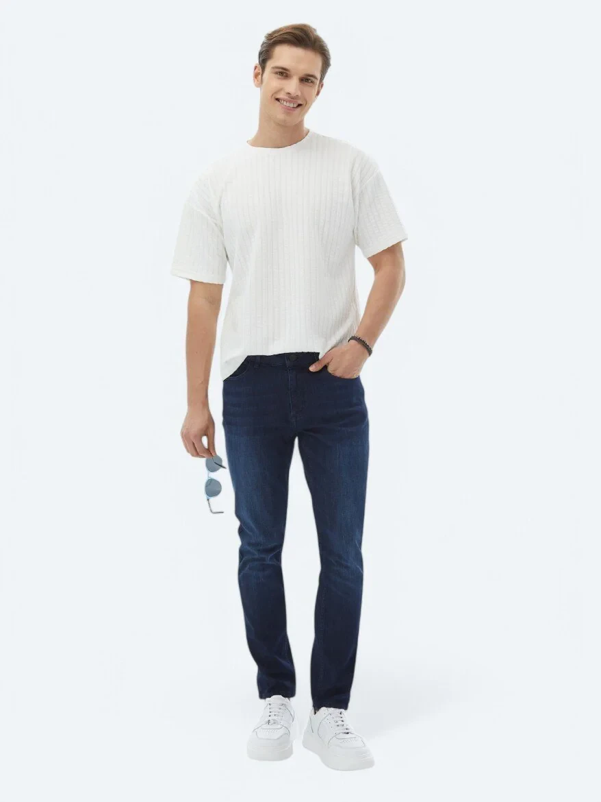 White Jacquard Crew Neck Cotton Blended T-Shirt - 2