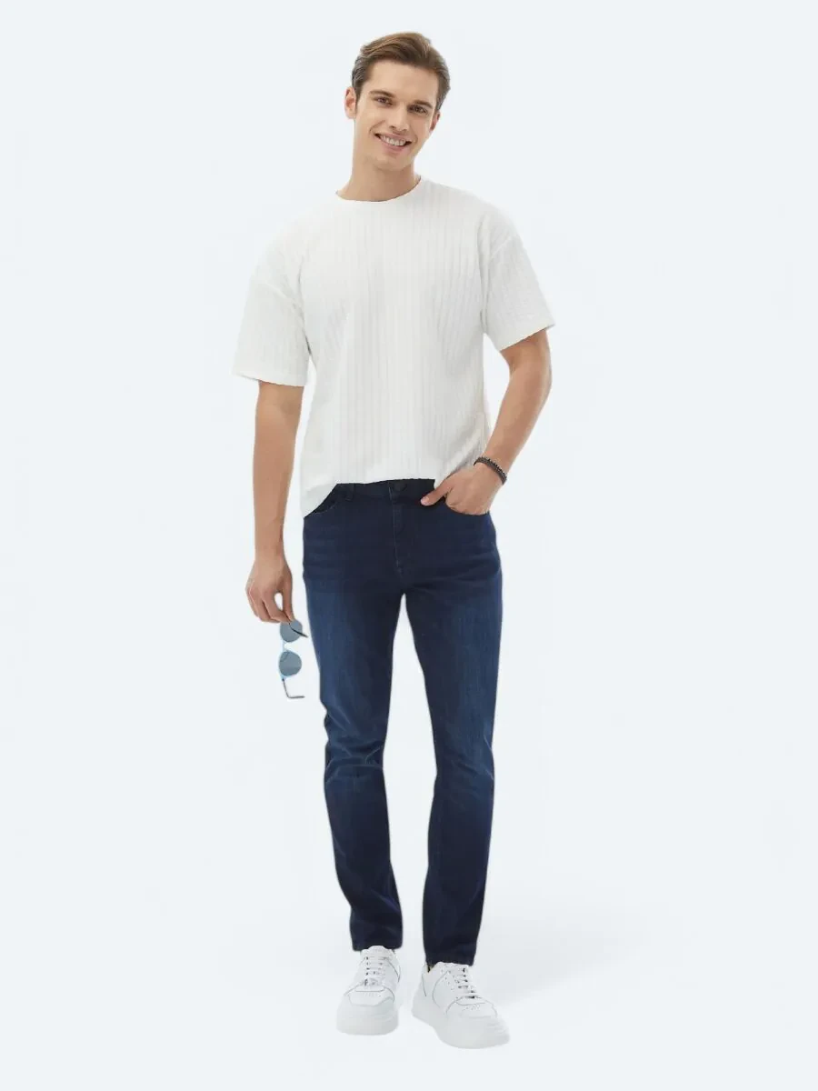 White Jacquard Crew Neck Cotton Blended T-Shirt - 2