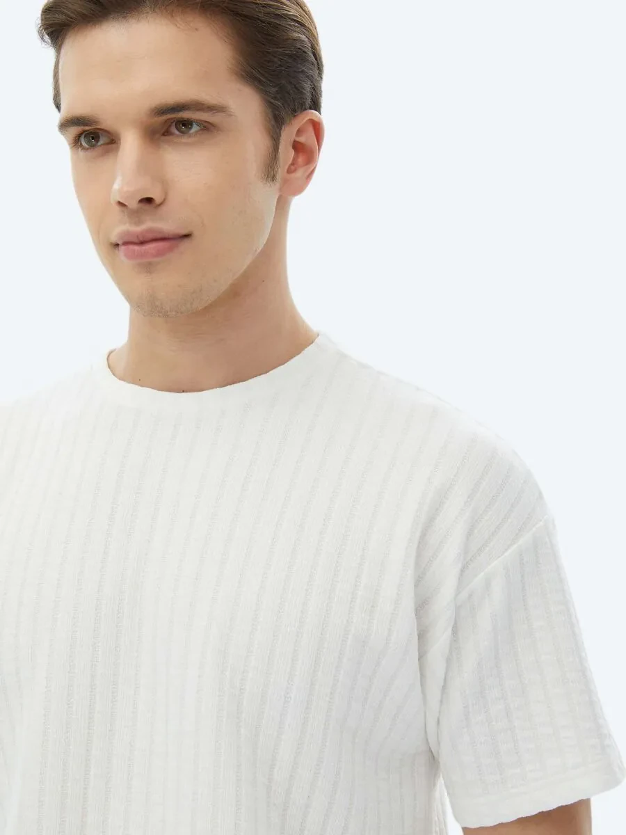 White Jacquard Crew Neck Cotton Blended T-Shirt - 3