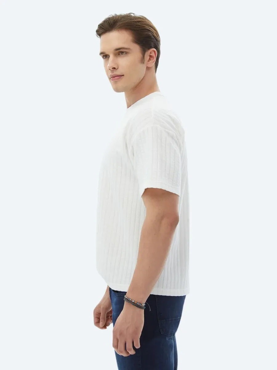 White Jacquard Crew Neck Cotton Blended T-Shirt - 4