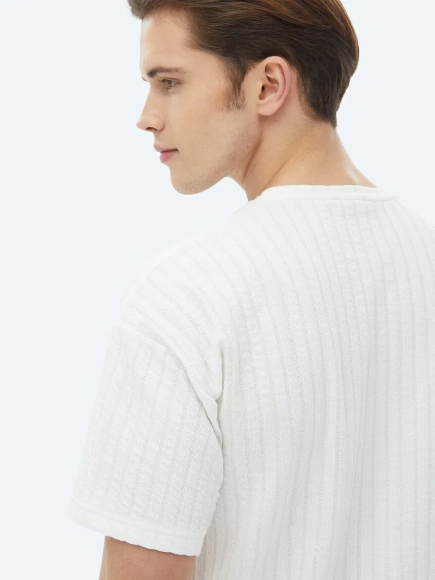 White Jacquard Crew Neck Cotton Blended T-Shirt - 5