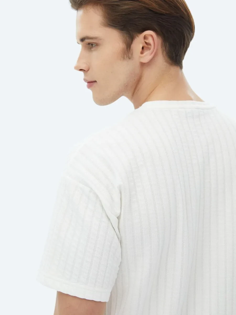 White Jacquard Crew Neck Cotton Blended T-Shirt - 5
