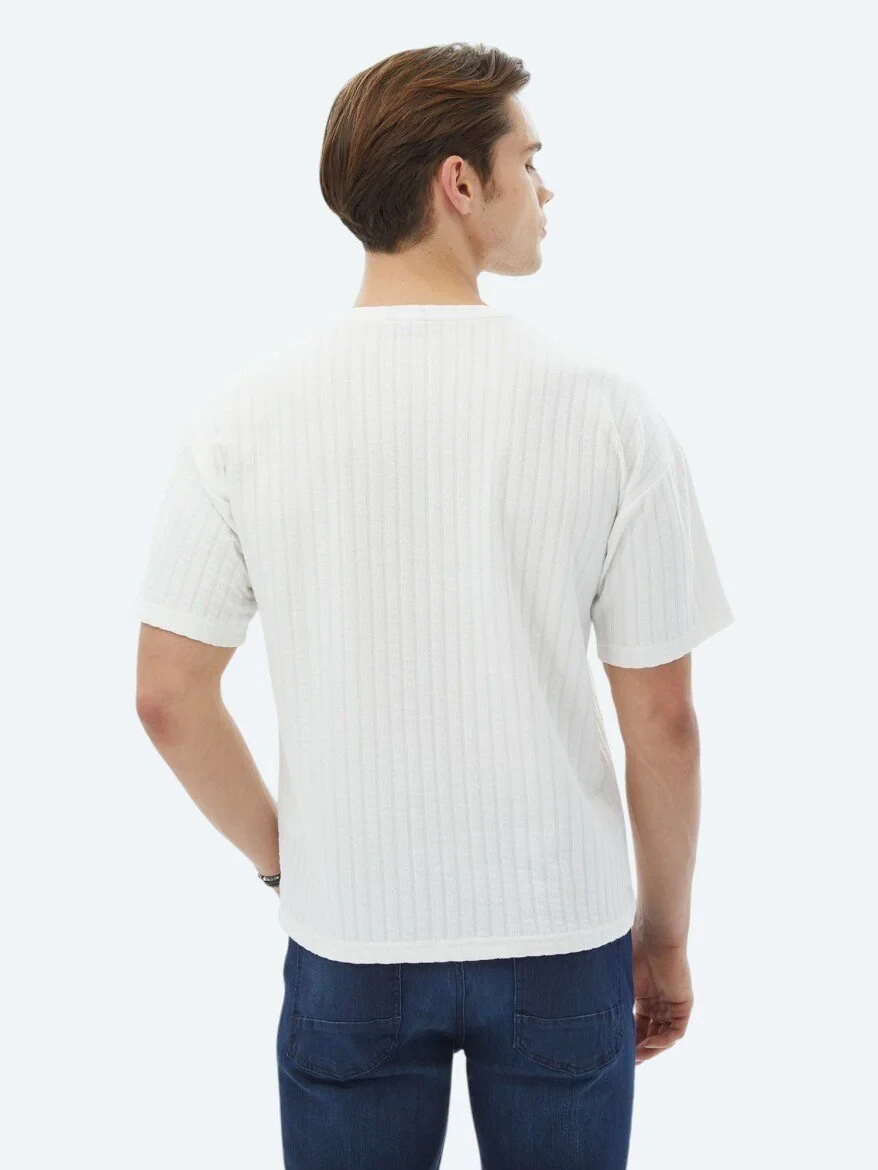 White Jacquard Crew Neck Cotton Blended T-Shirt - 6