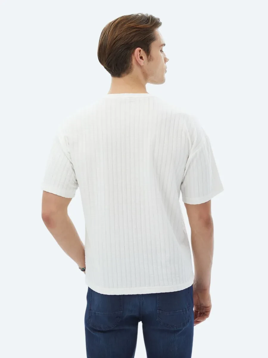 White Jacquard Crew Neck Cotton Blended T-Shirt - 6