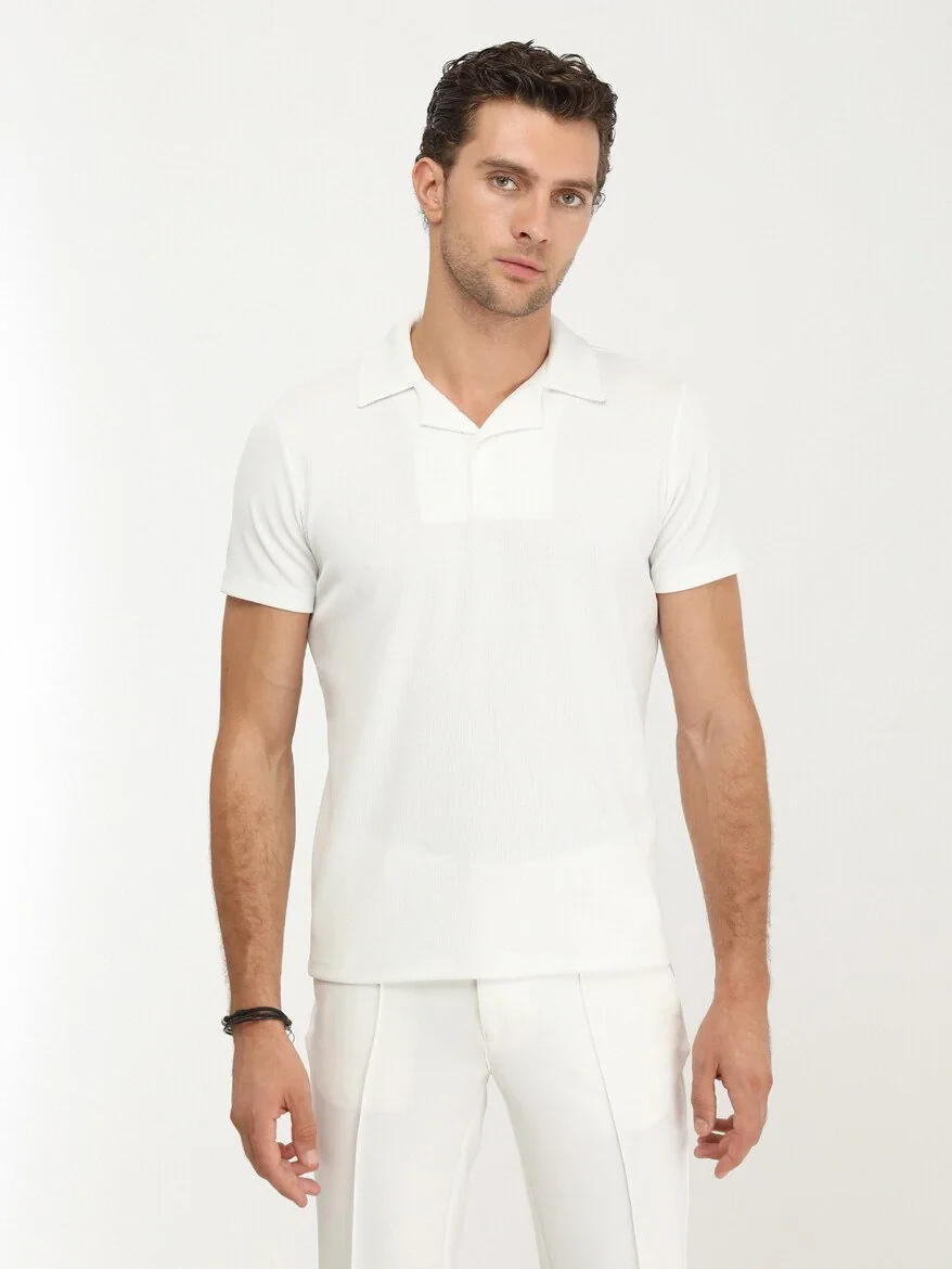 White Jacquard Cuban Collar 100% Cotton T-Shirt - 1
