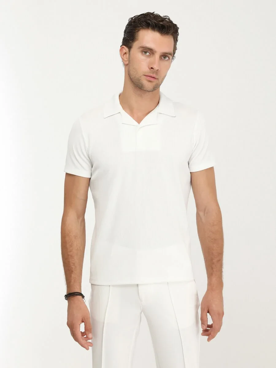 White Jacquard Cuban Collar 100% Cotton T-Shirt - 1