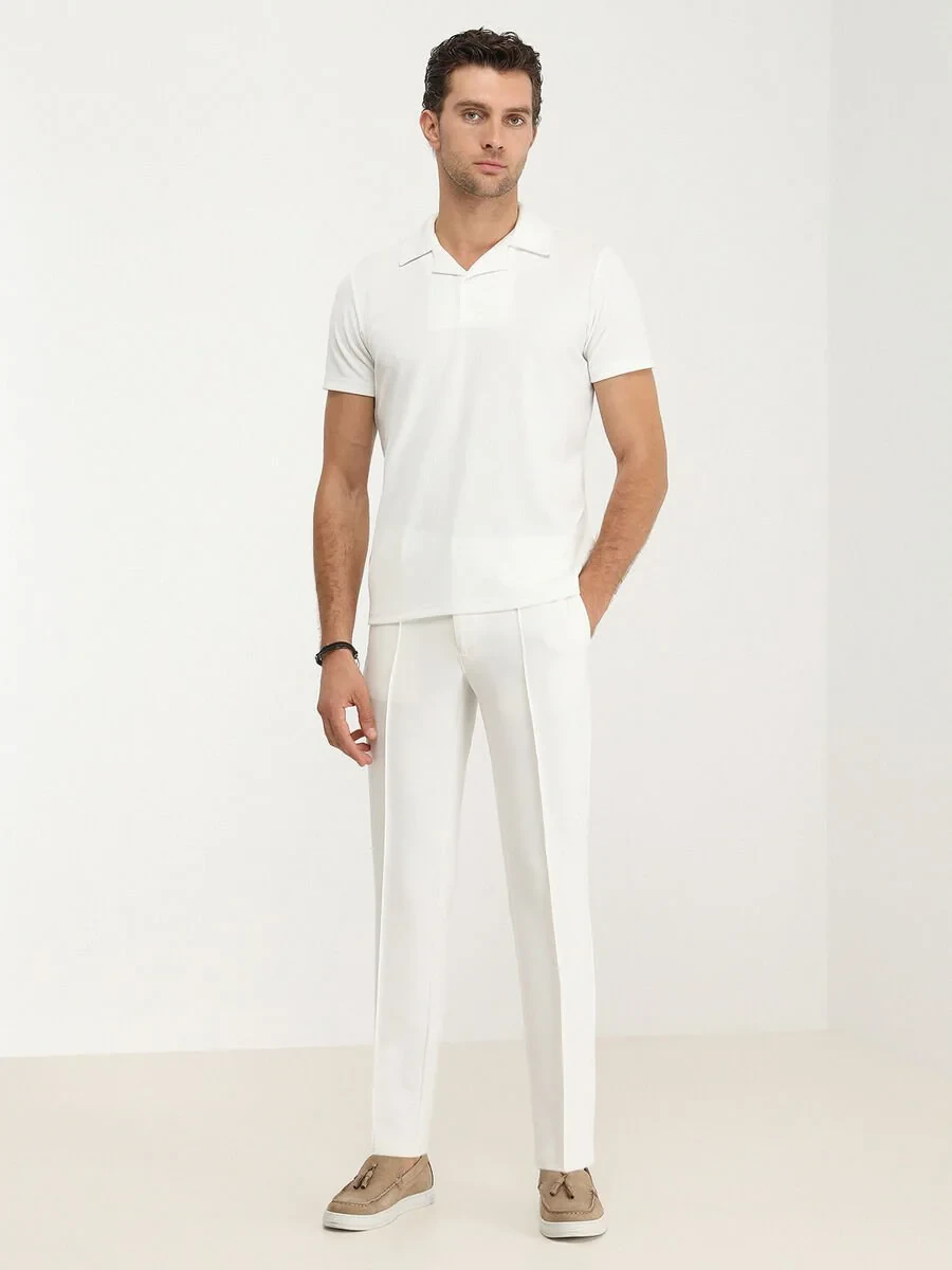 White Jacquard Cuban Collar 100% Cotton T-Shirt - 2