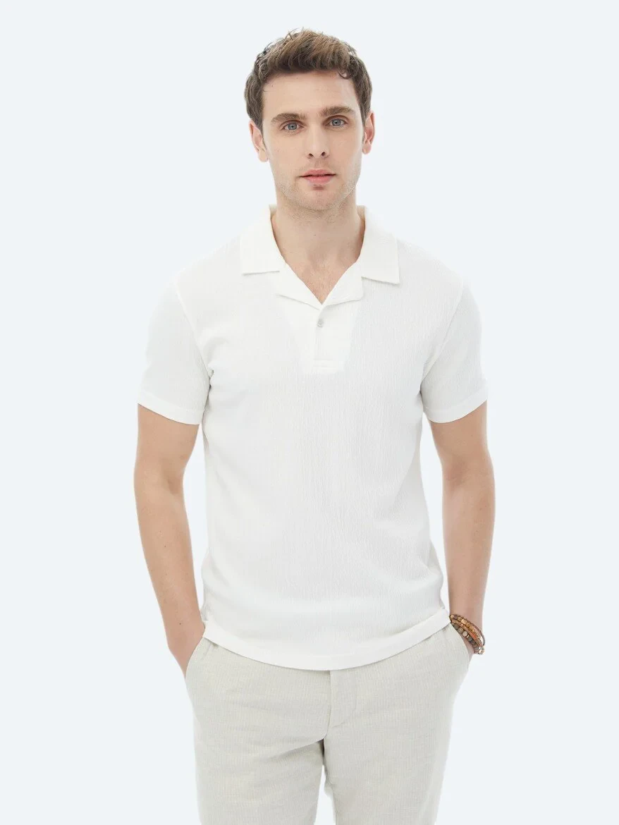 White Jacquard Cuban Collar Cotton Blended T-Shirt - 1