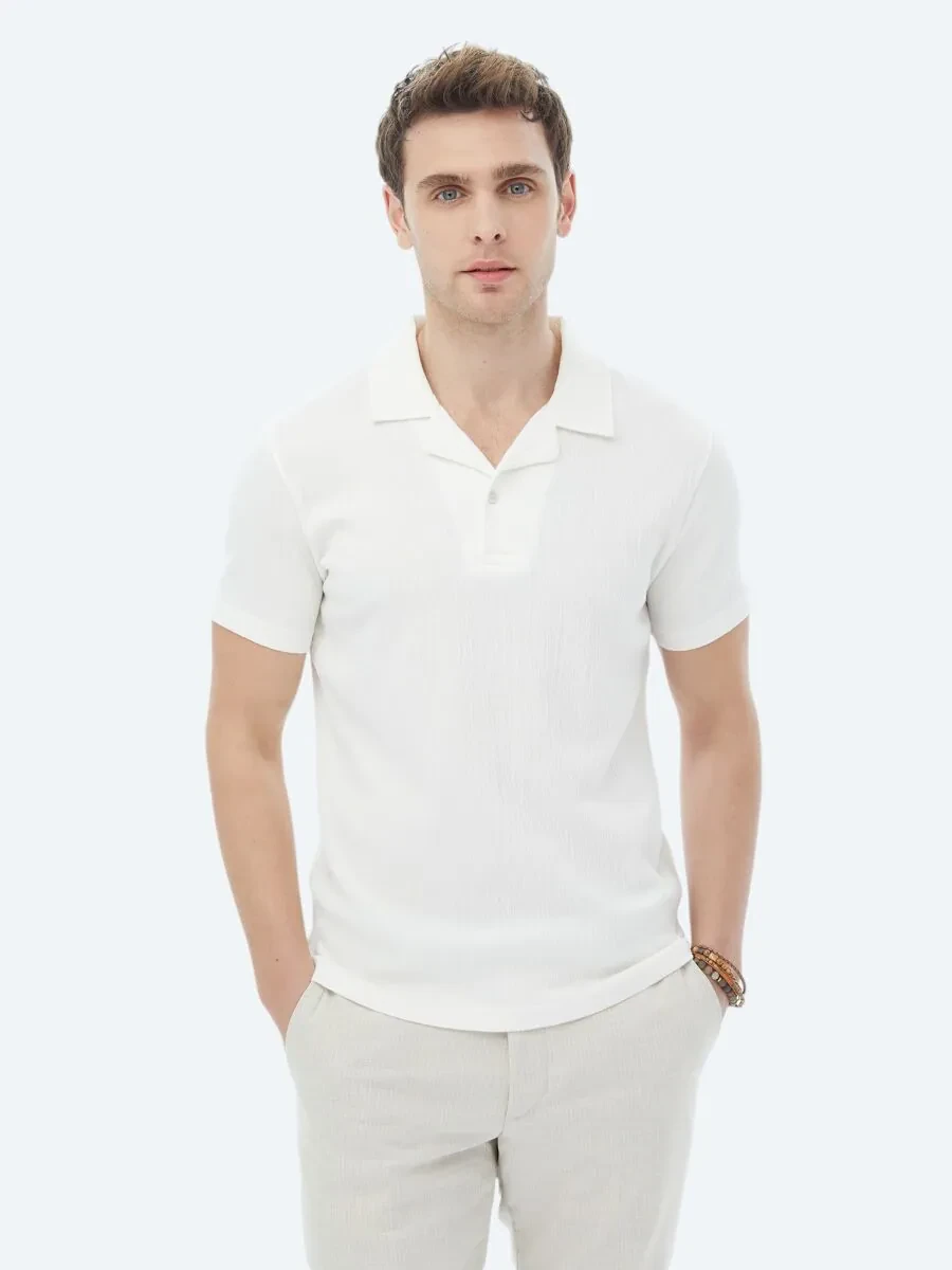 White Jacquard Cuban Collar Cotton Blended T-Shirt - 1