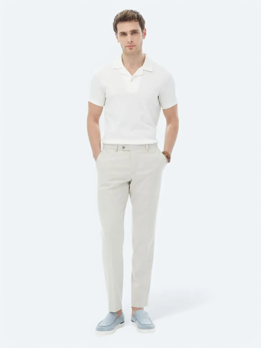 White Jacquard Cuban Collar Cotton Blended T-Shirt - 2