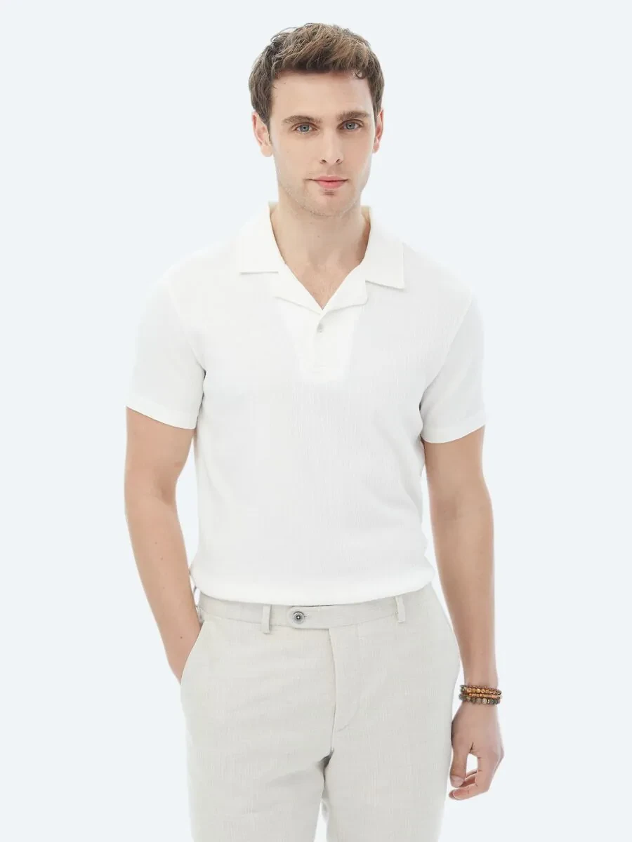 White Jacquard Cuban Collar Cotton Blended T-Shirt - 4