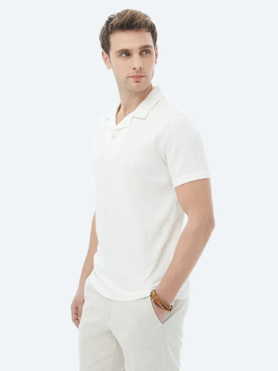 White Jacquard Cuban Collar Cotton Blended T-Shirt - 5