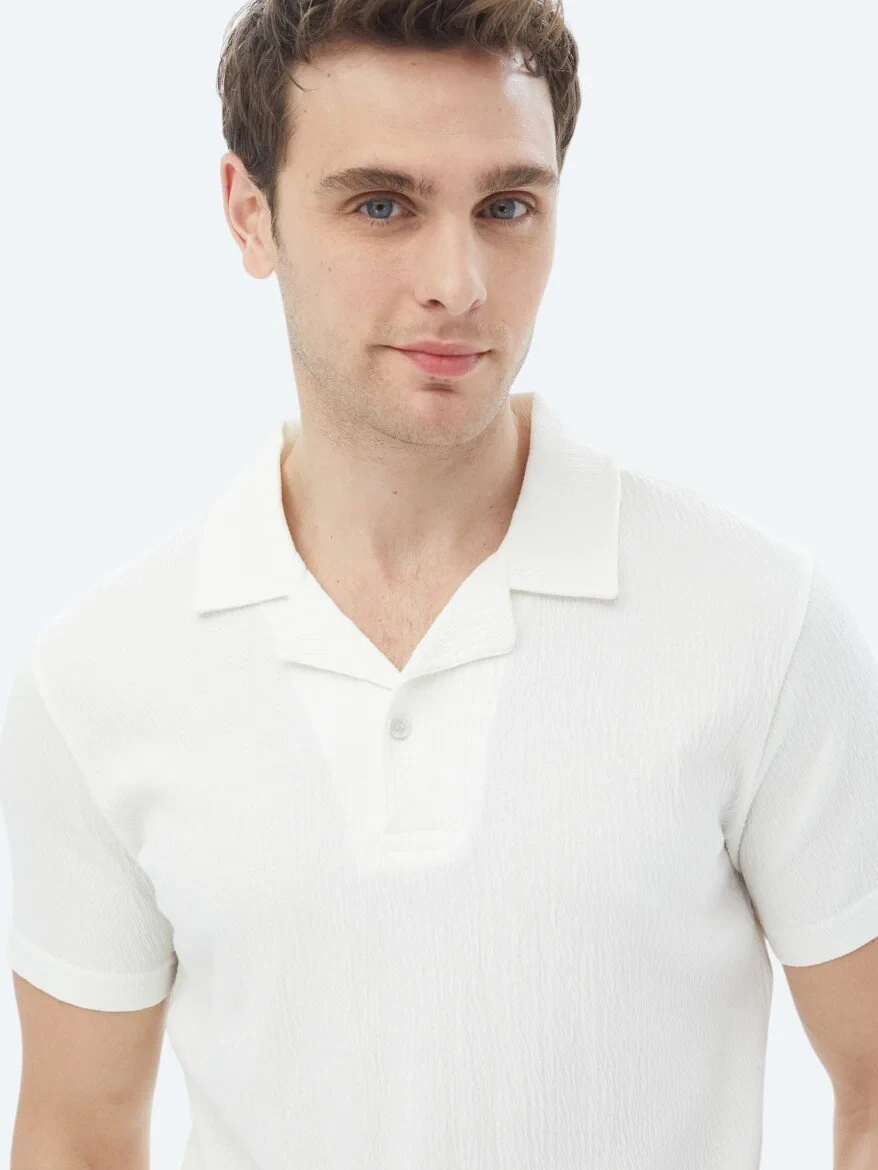 White Jacquard Cuban Collar Cotton Blended T-Shirt - 6
