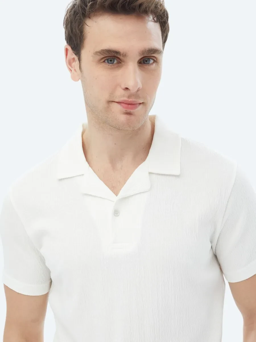White Jacquard Cuban Collar Cotton Blended T-Shirt - 6