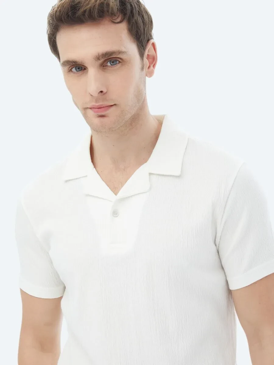 White Jacquard Cuban Collar Cotton Blended T-Shirt - 7