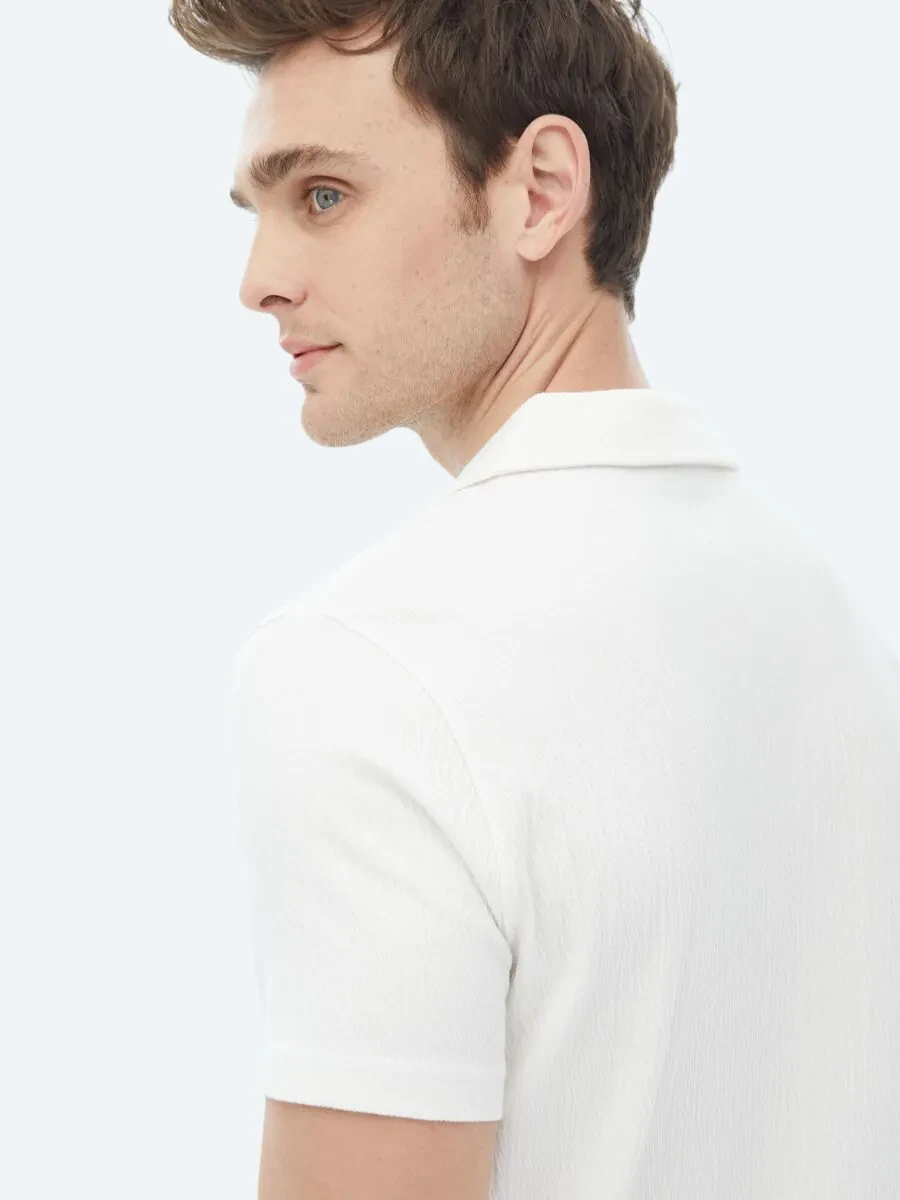 White Jacquard Cuban Collar Cotton Blended T-Shirt - 8