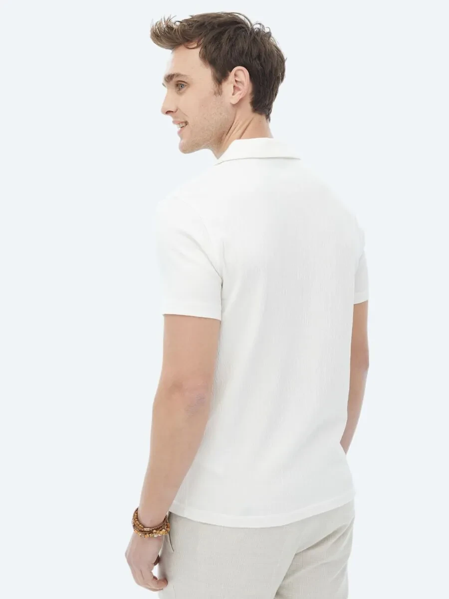 White Jacquard Cuban Collar Cotton Blended T-Shirt - 9