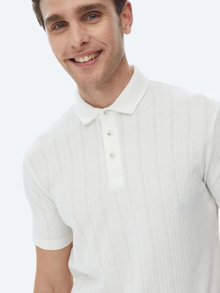 White Jacquard Polo Neck Cotton Blended T-Shirt - 1