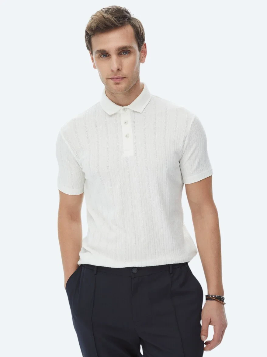 White Jacquard Polo Neck Cotton Blended T-Shirt - 2