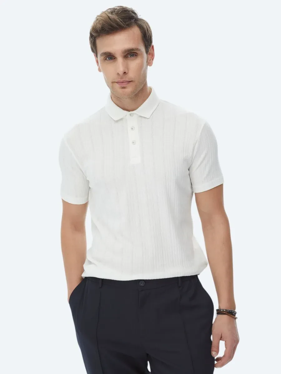 White Jacquard Polo Neck Cotton Blended T-Shirt - 2