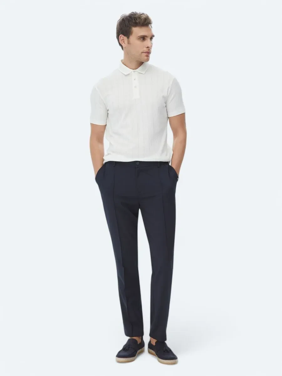 White Jacquard Polo Neck Cotton Blended T-Shirt - 3