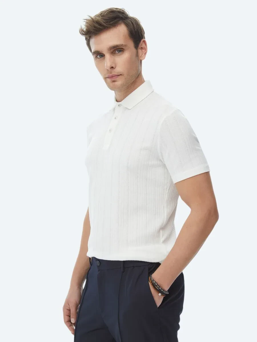 White Jacquard Polo Neck Cotton Blended T-Shirt - 4