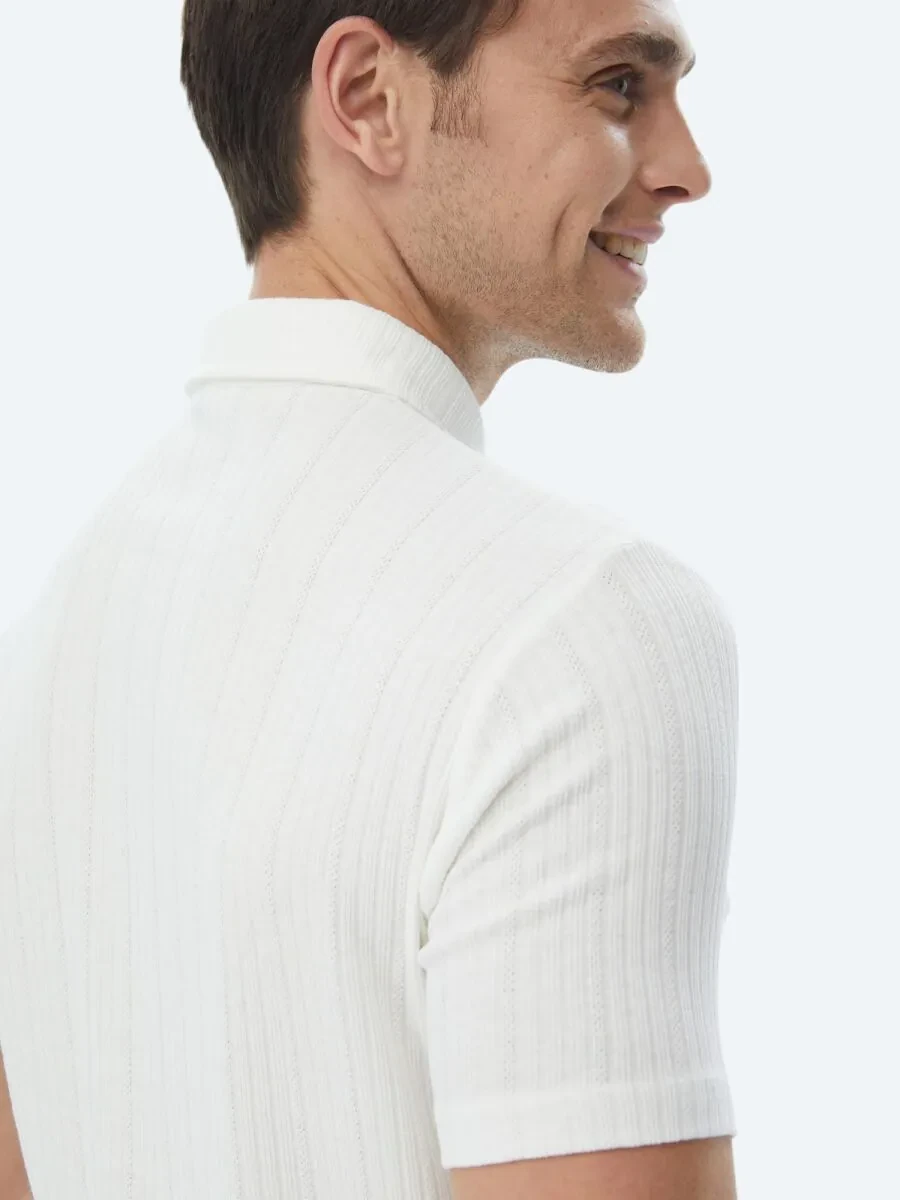White Jacquard Polo Neck Cotton Blended T-Shirt - 7