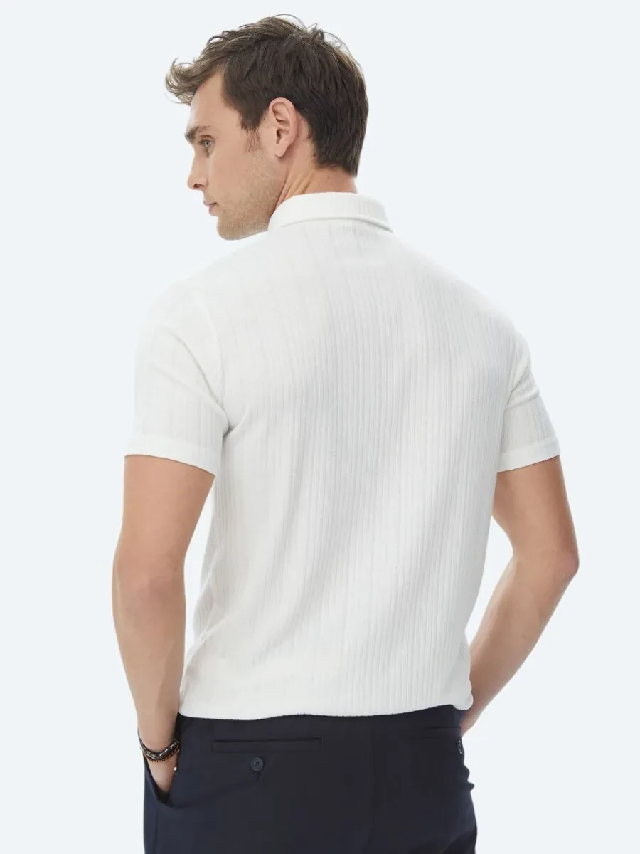 White Jacquard Polo Neck Cotton Blended T-Shirt - 8