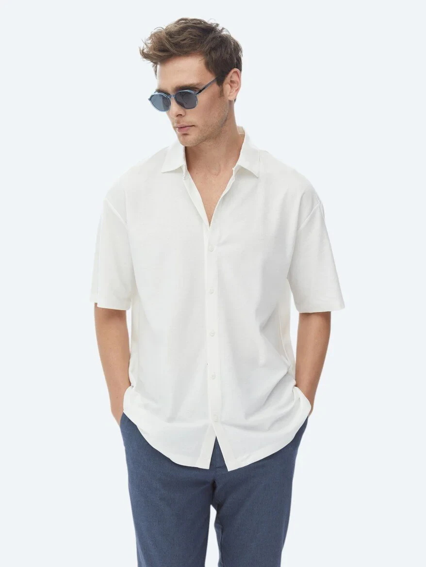 White Oversize Fit Knitting Casual 100% Cotton Shirt - 1