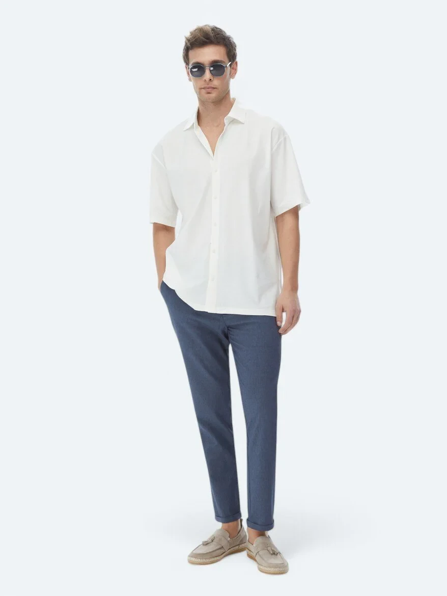 White Oversize Fit Knitting Casual 100% Cotton Shirt - 2