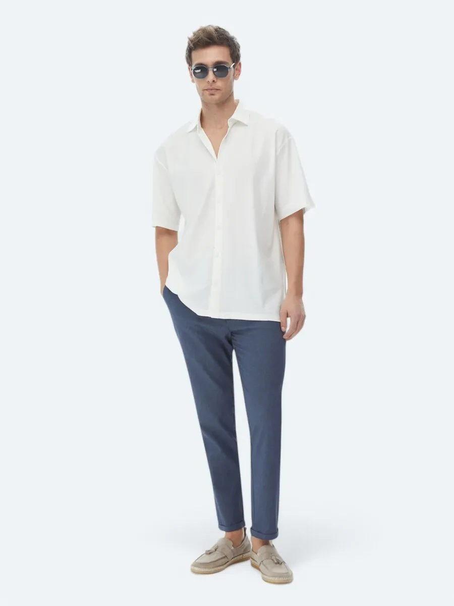 White Oversize Fit Knitting Casual 100% Cotton Shirt - 2