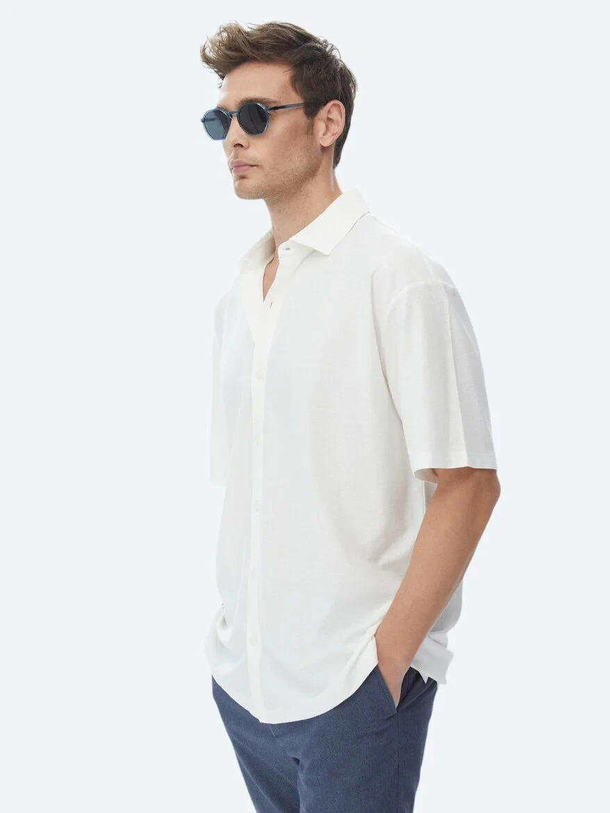 White Oversize Fit Knitting Casual 100% Cotton Shirt - 3