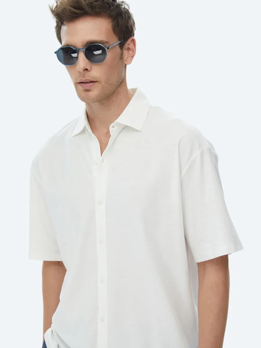 White Oversize Fit Knitting Casual 100% Cotton Shirt - 4