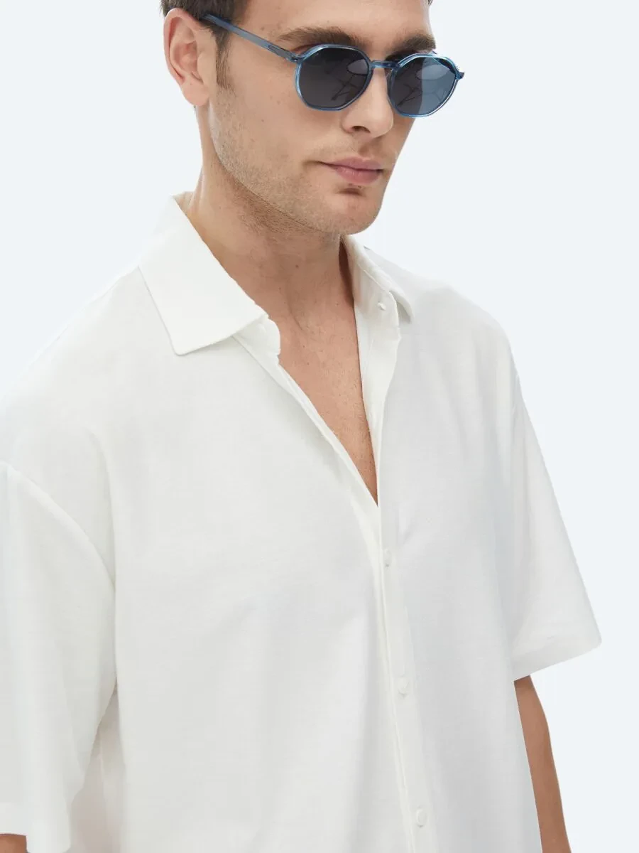 White Oversize Fit Knitting Casual 100% Cotton Shirt - 5